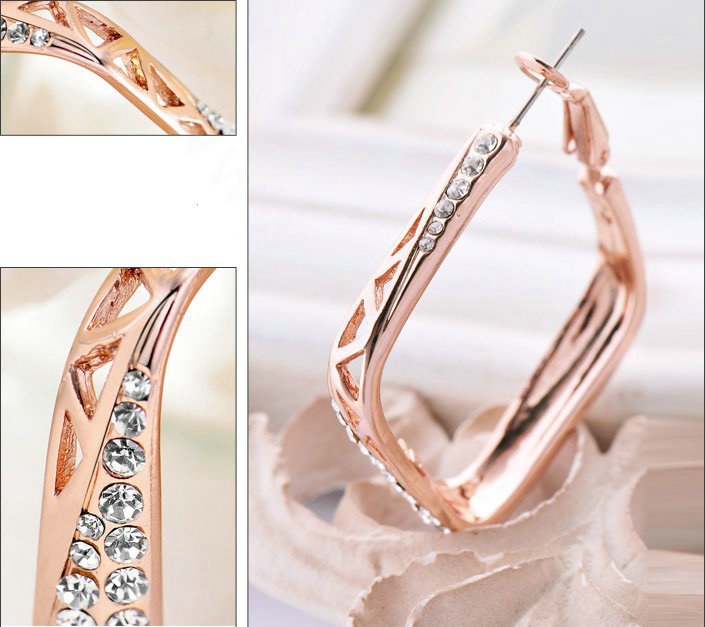 Luxury fashion crystal diamond hollow hoop earrings 18k rose plated - Gold