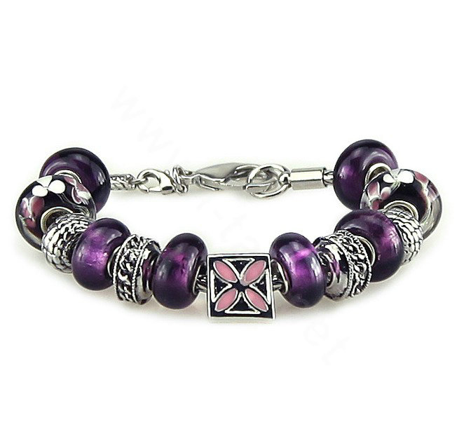 Luxury fashion diamond flower glass beads women bangle bracelet 18K white gold GP - Purple 16