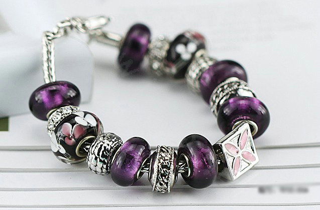 Luxury fashion diamond flower glass beads women bangle bracelet 18K white gold GP - Purple 16