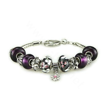 Luxury fashion diamond flower glass beads women bangle bracelet 18K white gold GP - Purple 26