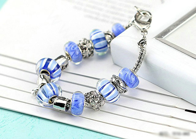 Luxury fashion diamond glass beads women bangle bracelet 18K white gold GP - Blue 02