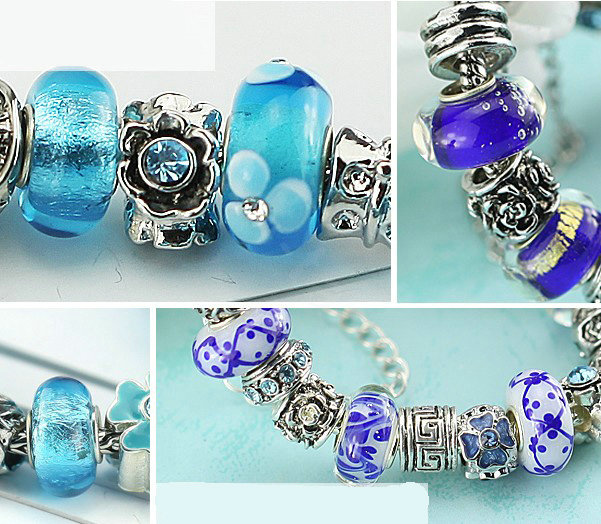 Luxury fashion diamond glass beads women bangle bracelet 18K white gold GP - Blue 05