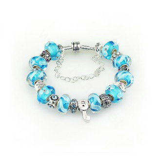 Luxury fashion diamond glass beads women bangle bracelet 18K white gold GP - Blue 06