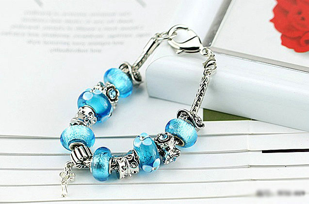 Luxury fashion diamond glass beads women bangle bracelet 18K white gold GP - Blue 19