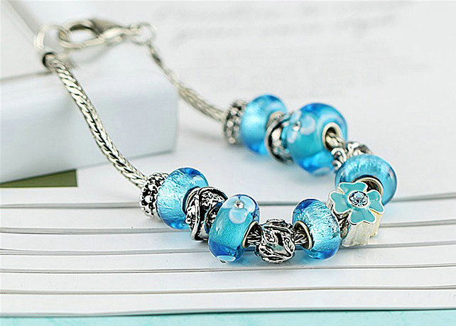 Luxury fashion diamond glass beads women bangle bracelet 18K white gold GP - Blue 25