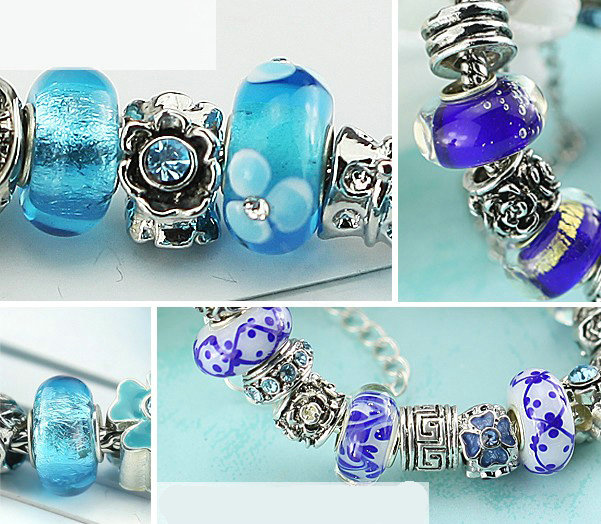 Luxury fashion diamond glass beads women bangle bracelet 18K white gold GP - Blue 28