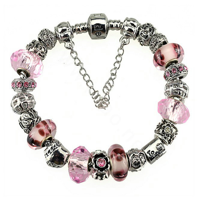Luxury fashion diamond glass beads women bangle bracelet 18K white gold plated - Pink