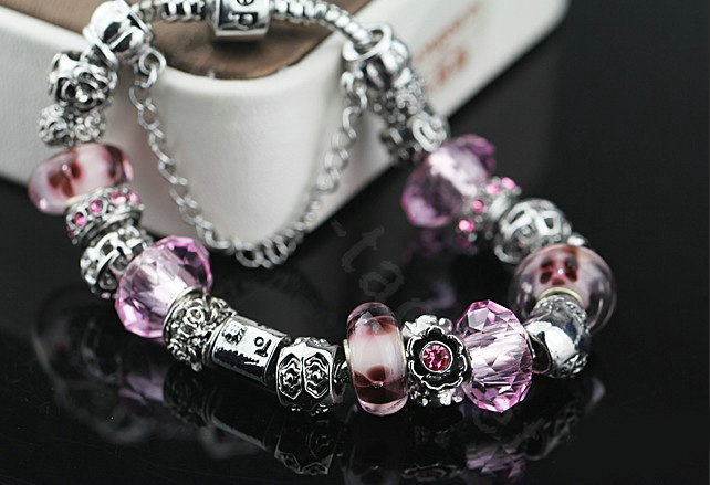 Luxury fashion diamond glass beads women bangle bracelet 18K white gold plated - Pink