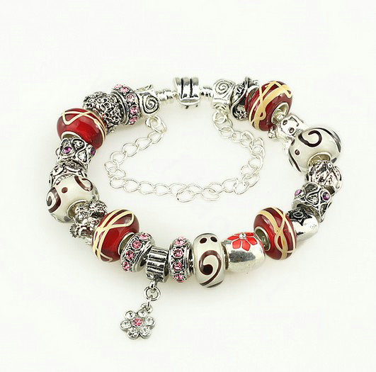 Luxury fashion diamond glass beads women bangle bracelet 18K white gold plated - Red 10