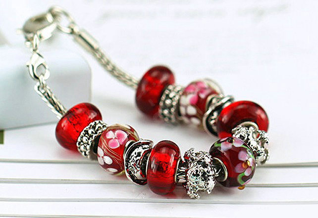 Luxury fashion diamond glass beads women bangle bracelet 18K white gold plated - Red 13