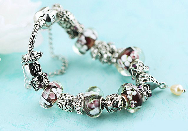 Luxury fashion diamond glass beads women bangle bracelet 18K white gold plated - Red 16