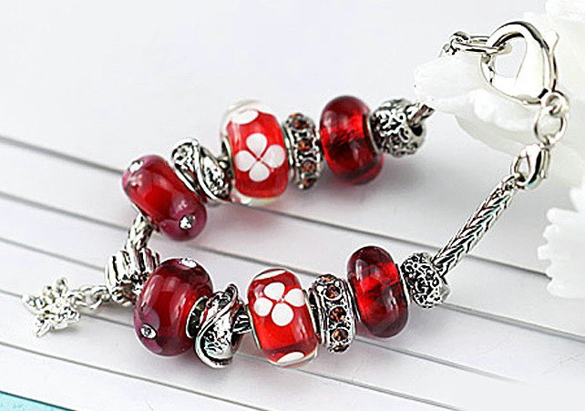 Luxury fashion diamond glass beads women bangle bracelet 18K white gold plated - Red 23