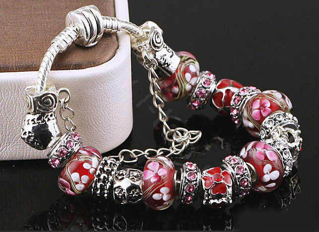 Luxury fashion diamond glass beads women bangle bracelet 18K white gold plated - Red 29