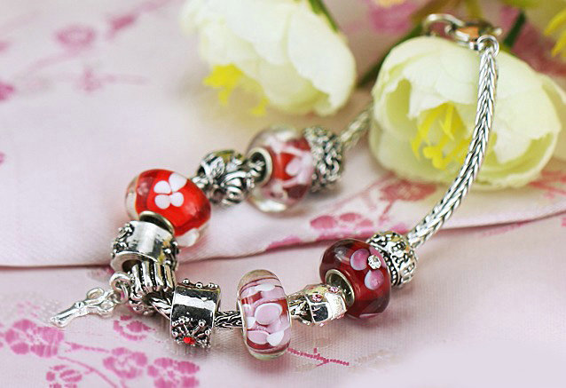 Luxury fashion diamond glass beads women bangle bracelet 18K white gold plated - Red 48