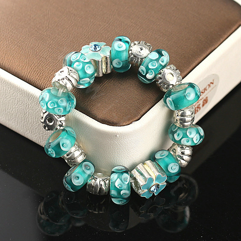 Luxury fashion diamond glass beads women bangle bracelet silver plated - Blue