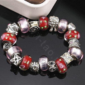 Luxury fashion diamond glass beads women bangle bracelet silver plated - Red