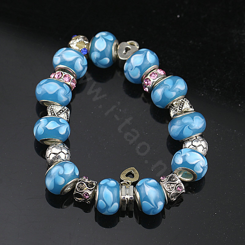 Luxury fashion diamond glass beads women bangle bracelet silver plated - Sky Blue