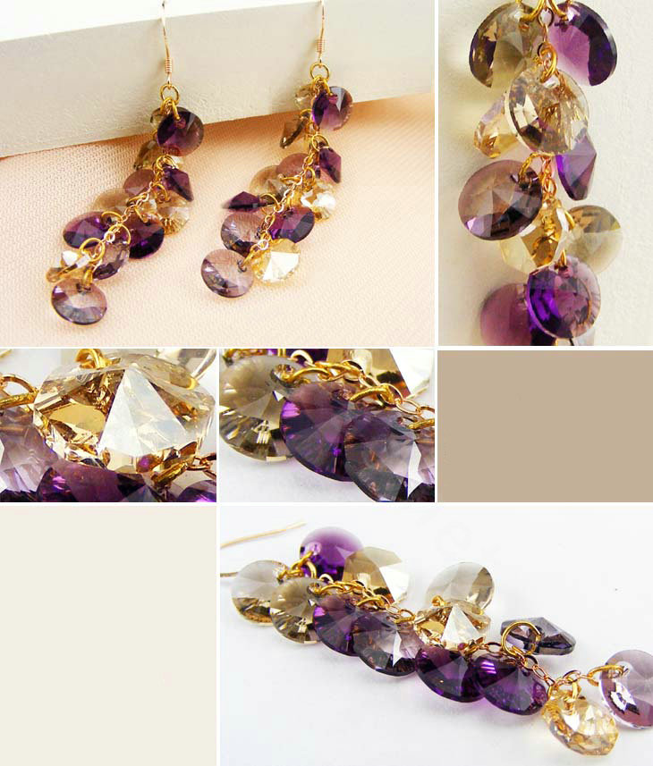 Luxury round crystal diamond 925 sterling silver long tassel dangle earrings - Purple