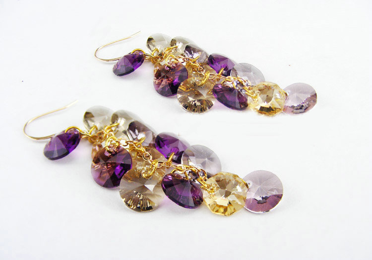 Luxury round crystal diamond 925 sterling silver long tassel dangle earrings - Purple