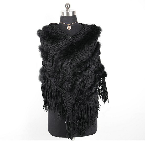 Winter Women's Genuine Knitting Rabbit Fur Shawls Warm Triangle Tassel Wraps Poncho - Black