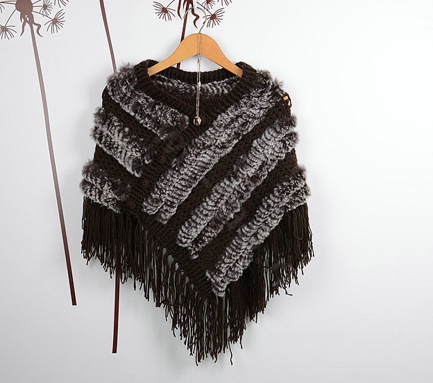 Winter Women's Genuine Knitting Rabbit Fur Shawls Warm Triangle Tassel Wraps Poncho - Coffee