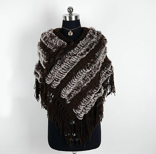 Winter Women's Genuine Knitting Rabbit Fur Shawls Warm Triangle Tassel Wraps Poncho - Coffee
