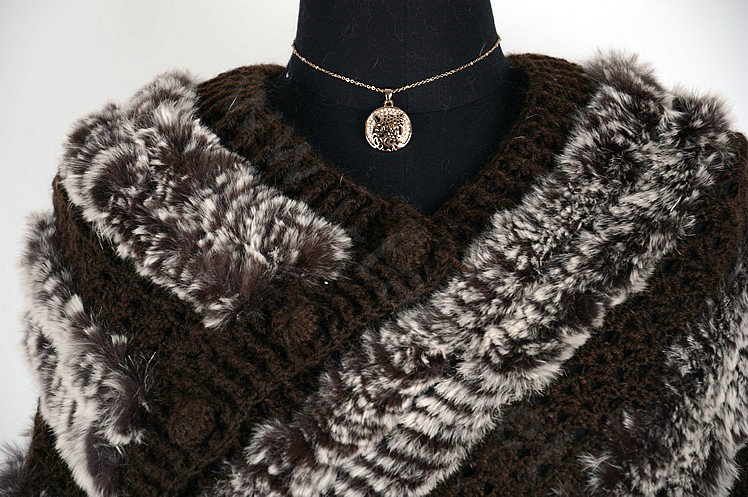 Winter Women's Genuine Knitting Rabbit Fur Shawls Warm Triangle Tassel Wraps Poncho - Coffee