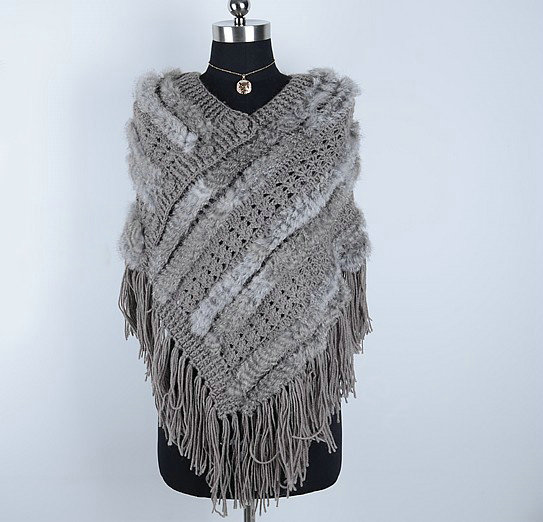 Winter Women's Genuine Knitting Rabbit Fur Shawls Warm Triangle Tassel Wraps Poncho - Grey