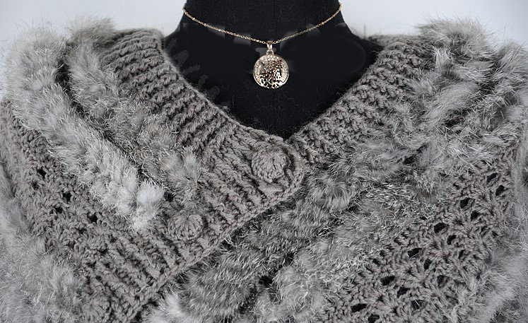 Winter Women's Genuine Knitting Rabbit Fur Shawls Warm Triangle Tassel Wraps Poncho - Grey