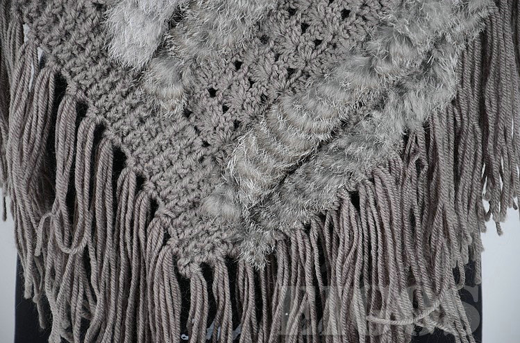 Winter Women's Genuine Knitting Rabbit Fur Shawls Warm Triangle Tassel Wraps Poncho - Grey