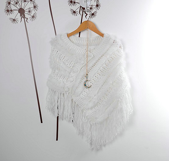 Winter Women's Genuine Knitting Rabbit Fur Shawls Warm Triangle Tassel Wraps Poncho - White