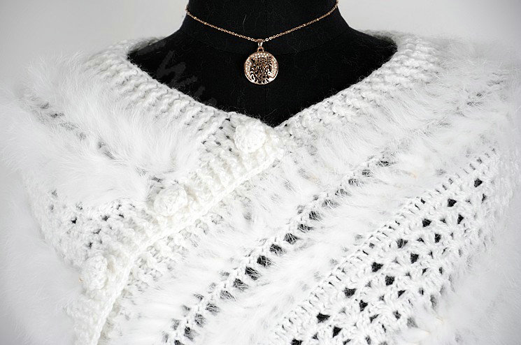 Winter Women's Genuine Knitting Rabbit Fur Shawls Warm Triangle Tassel Wraps Poncho - White