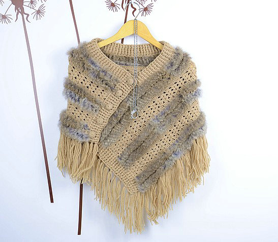 Winter Women's Genuine Knitting Rabbit Fur Shawls Warm Triangle Tassel Wraps Poncho - Yellow