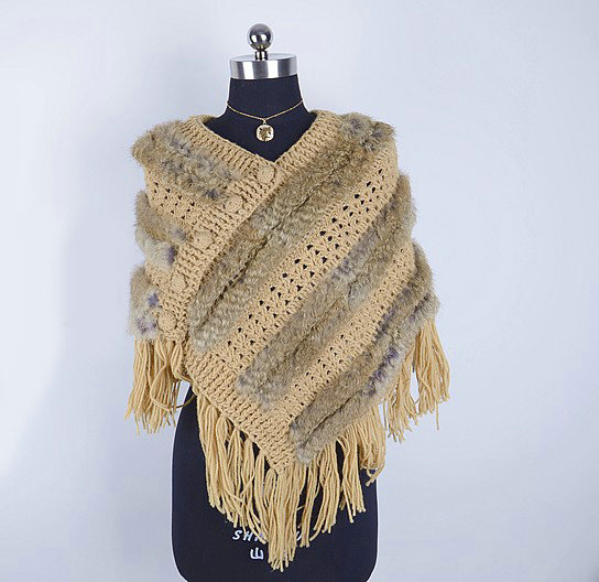 Winter Women's Genuine Knitting Rabbit Fur Shawls Warm Triangle Tassel Wraps Poncho - Yellow