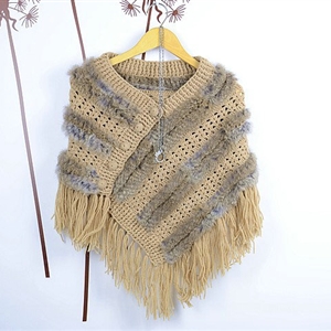 Winter Women's Genuine Knitting Rabbit Fur Shawls Warm Triangle Tassel Wraps Poncho - Yellow