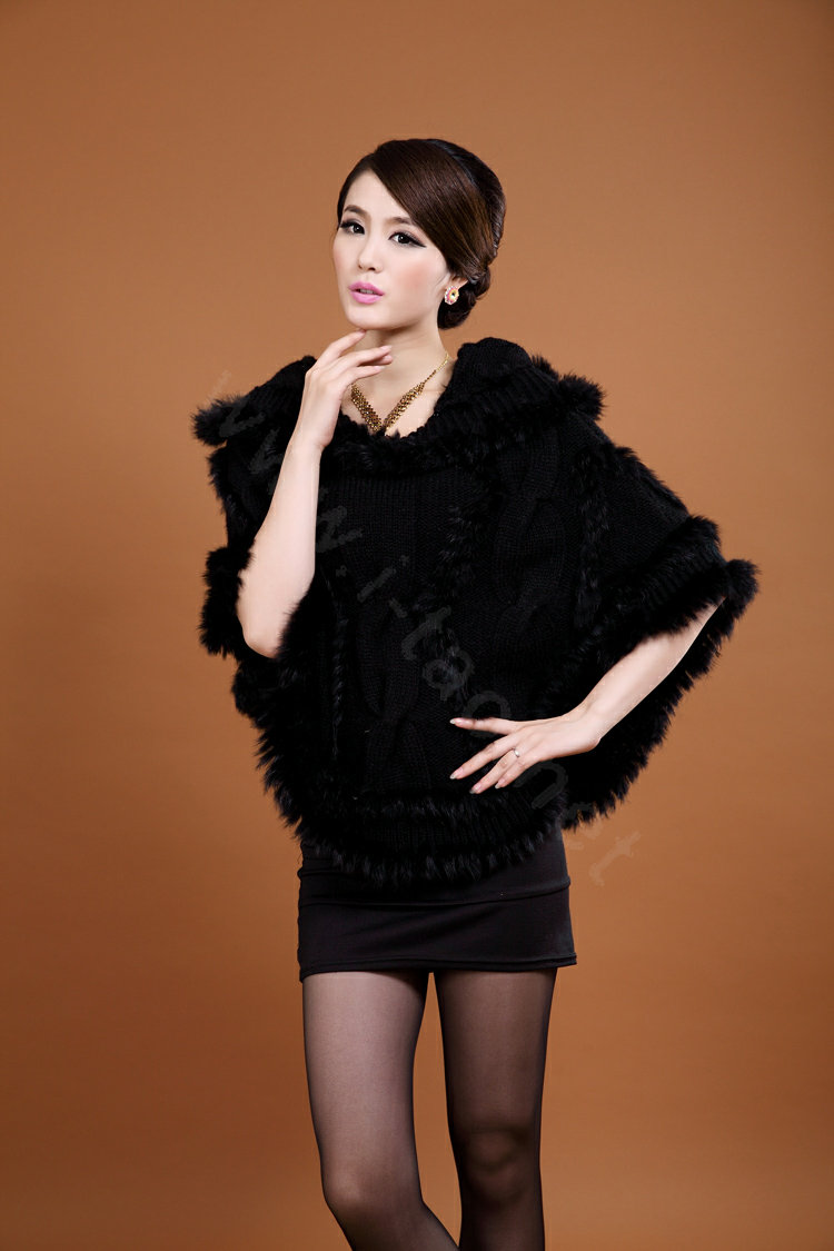 Women's Genuine Knitted Twisted Rabbit Fur Poncho Winter Warm Wraps Hooded Shawls - Black