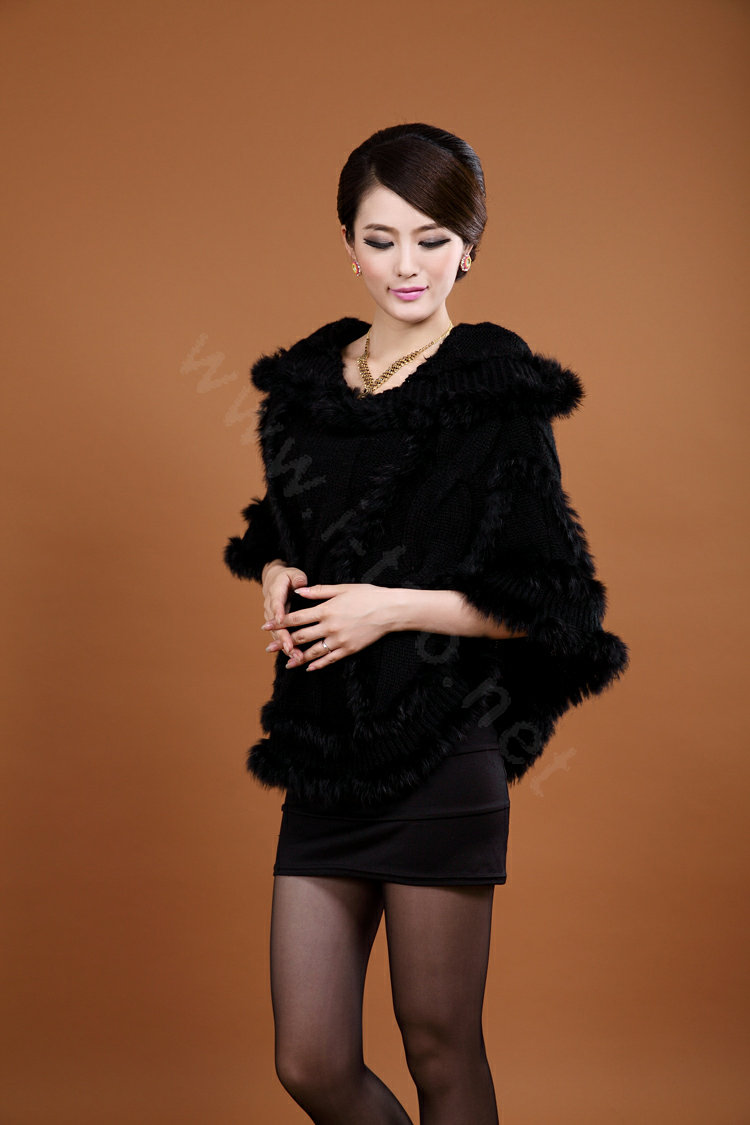 Women's Genuine Knitted Twisted Rabbit Fur Poncho Winter Warm Wraps Hooded Shawls - Black