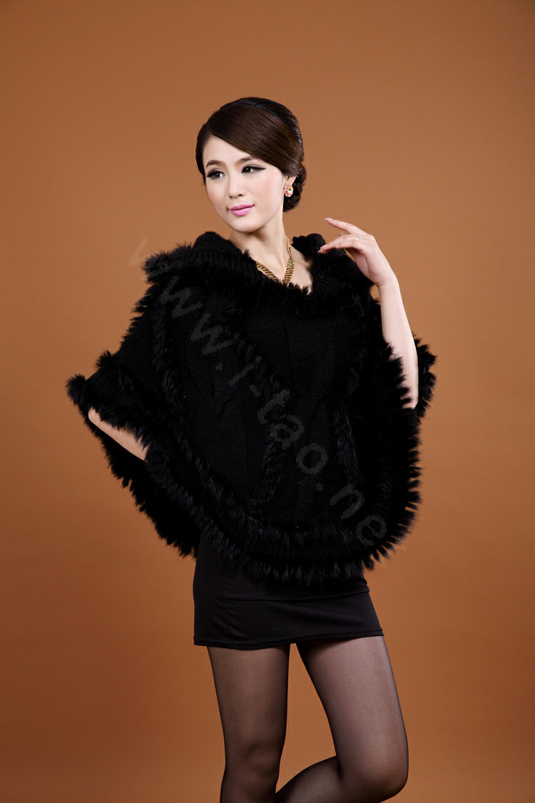 Women's Genuine Knitted Twisted Rabbit Fur Poncho Winter Warm Wraps Hooded Shawls - Black