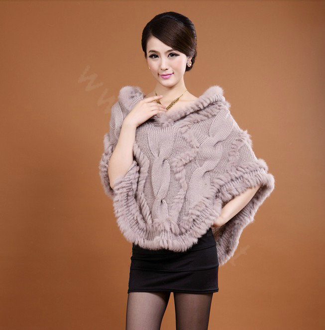 Women's Genuine Knitted Twisted Rabbit Fur Poncho Winter Warm Wraps Hooded Shawls - Khaki
