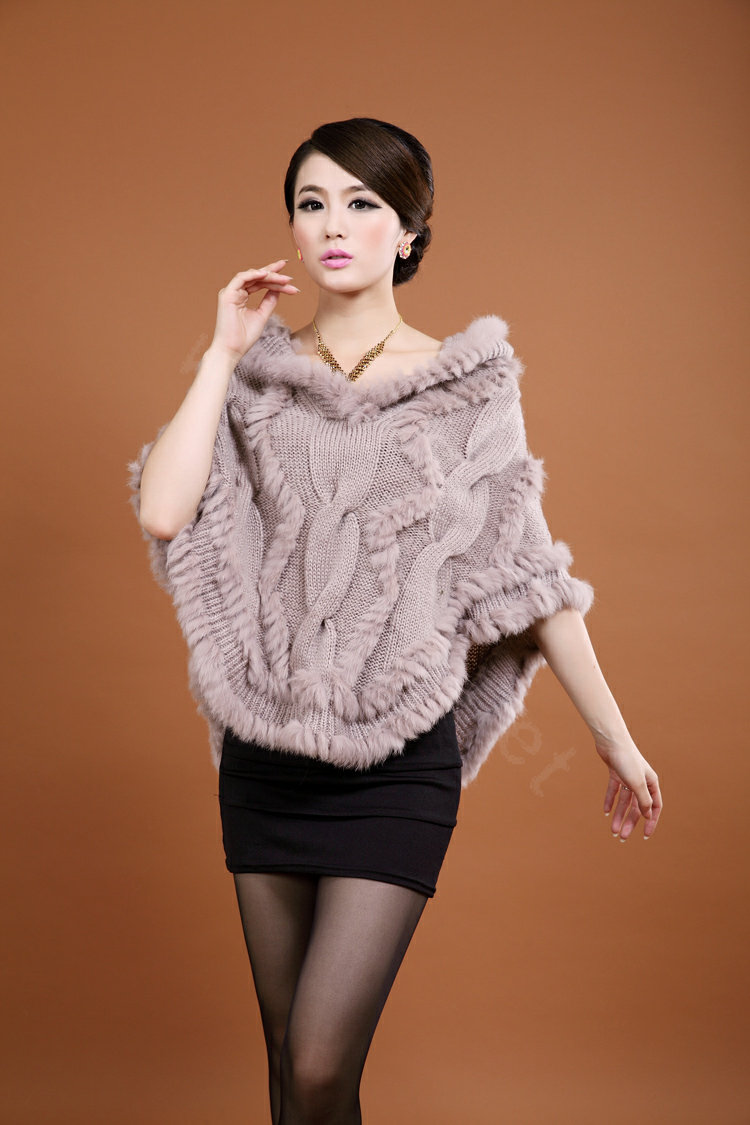 Women's Genuine Knitted Twisted Rabbit Fur Poncho Winter Warm Wraps Hooded Shawls - Khaki
