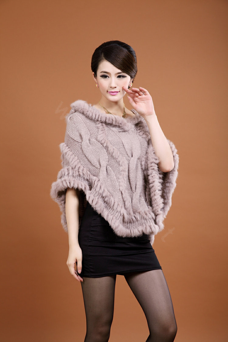 Women's Genuine Knitted Twisted Rabbit Fur Poncho Winter Warm Wraps Hooded Shawls - Khaki