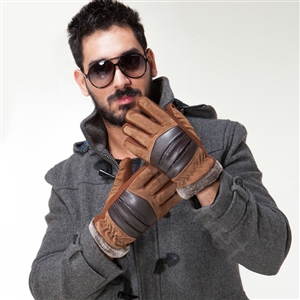 Allfond fashion men winter cold-proof plus velvet warm genuine pigskin clipping leather gloves - Yellow