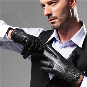 Allfond men zip winter waterproof cold-proof plus velvet warm genuine sheep skin leather gloves - Black