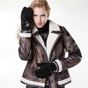 Allfond women winter cold-proof plus velvet warm grid genuine pigskin leather gloves - Black