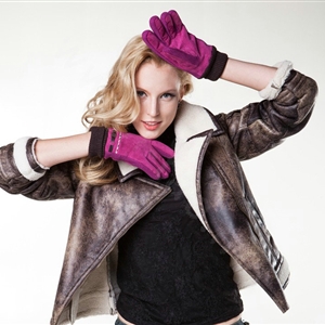 Allfond women winter cold-proof plus velvet warm hasp genuine pigskin leather gloves - Rose