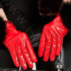 Allfond women winter warm waterproof cold-proof rex rabbit fur genuine goatskin leather gloves L - Red
