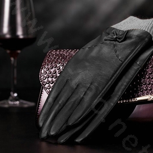 Allfond women winter waterproof cold-proof bow-knot wool genuine goatskin leather gloves M - Black