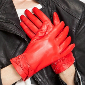 Allfond women winter waterproof cold-proof warm bead genuine goatskin leather gloves M - Red