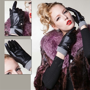 Allfond women winter waterproof cold-proof warm flower wool genuine goatskin leather gloves L - Black