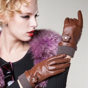 Allfond women winter waterproof cold-proof warm flower wool genuine goatskin leather gloves L - Brown
